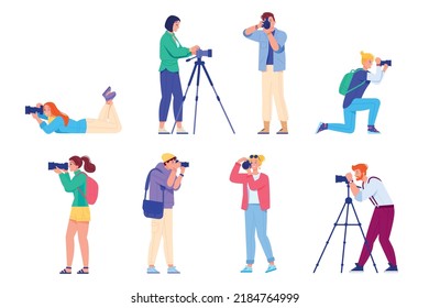 Paparazzi characters. Creative photographers taking photo, photograph hobby travel journalist cameraman shoot film premiere making studio media picture, vector illustration of paparazzi with camera