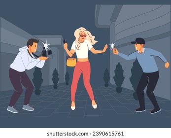 Paparazzi chasing star. Famous personality runs away from photojournalists, beautiful celebrity escapes camera flashes, scared actress on night street, cartoon isolated vector concept