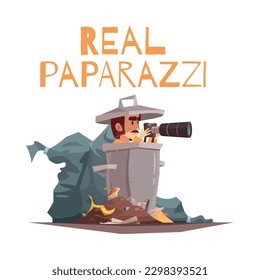 Paparazzi composition with doodle style human character of secret photographer on blank background vector illustration