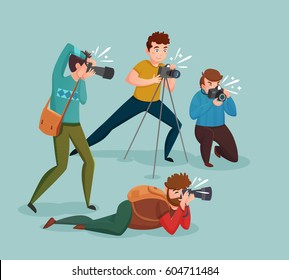 Paparazzi design concept with photographers group shooting appearance of show business stars or other celebrities flat vector illustration 