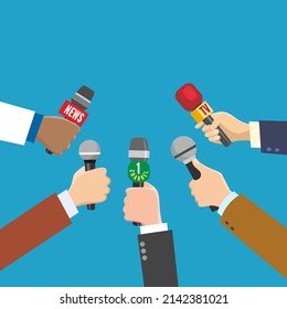 Paparazzi hands. Business microphone hand conference, lots microphones news commentators, press presentation, media journalist reporters mics vector illustration