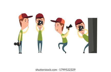 Paparazzi Holding Photo Camera and Photographing Set, Funny Photographer Cartoon Character Taking Photos Vector Illustration on White Background