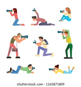 Paparazzi icon set. Vector illustration of professional male and female photographers in different poses taking photo using professional equipment.