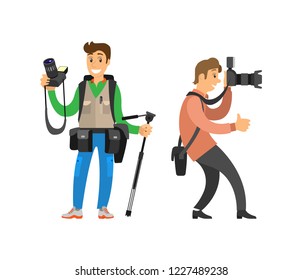 Paparazzi journalist making photos isolated. Photographer freelance men taking pictures, vector characters with modern digital cameras, tripod equipment