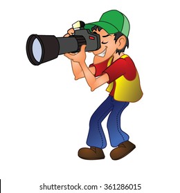 Paparazzi Man Standing and Smiling With Camera Taking Picture Shot Cartoon Vector