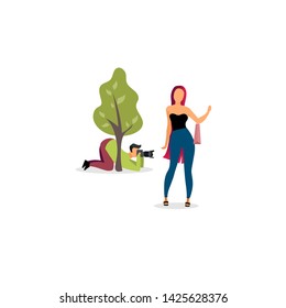 Paparazzi photographer behind tree flat vector illustration. Journalist with camera hiding and spy cartoon character. Reporter, cameraman taking photos of celebrity, movie star, famous person