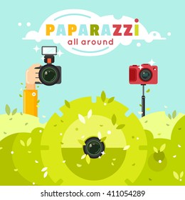 Paparazzi photographers hiding in green bushes with photo cameras, vector illustration. Journalists sit in ambush and make sensational shot. Paparazzi all around concept in flat style