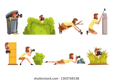 Paparazzi photographers hiding with photo camera set, journalists making sensational shot vector Illustrations on a white background