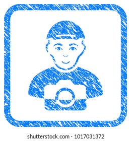 Paparazzi rubber seal imitation. Icon vector symbol with grungy design and corrosion texture in rounded squared frame. Scratched blue stamp imitation. Man face has glad sentiment.