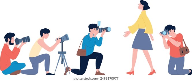 Paparazzi shooting woman walking. Photographers snapping pictures