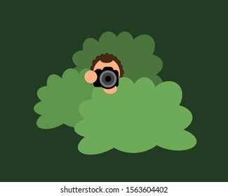 Paparazzi and spy photographer - man with camera is hiden and covered in the shrub. Person is taking photo secretly. Vector illustration