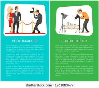 Paparazzi and still life photographer web bright banners set. Celebrities couple at red carpet , fruits near teapot on table vector illustrations.