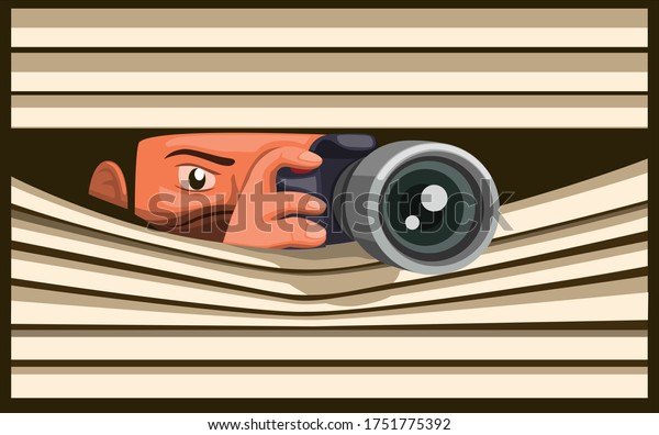 Paparazzi Take Picture using DSLR Camera while hidding, man capture photo behind curtain window in cartoon illustration vector