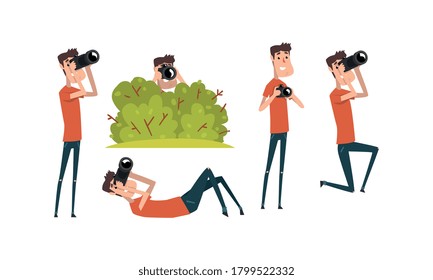 Paparazzi Aufnahme von Foto mit Digitalkamera-Set, Cartoon-Figuren von Fotografen mit Kamera, Kreativität oder Berufsbildfunktion