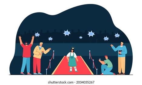 Paparazzi taking photos of girl in crown standing on red carpet. Young celebrity or actress and male fans flat vector illustration. Success, lifestyle concept for website design or landing web page