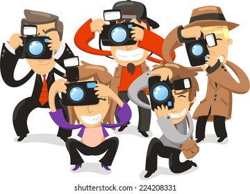 Paparazzi taking pictures photograph camera, vector illustration cartoon.