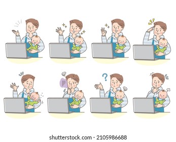 Papa's facial expression set holding a baby while looking at the computer