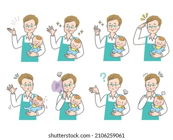Papa's facial expression set holding a baby while looking at the computer