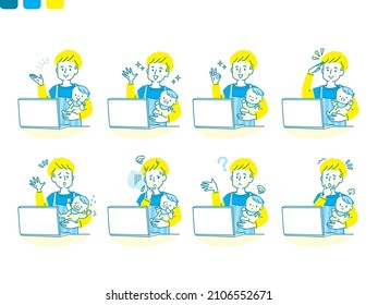 Papa's facial expression set holding a baby while looking at the computer