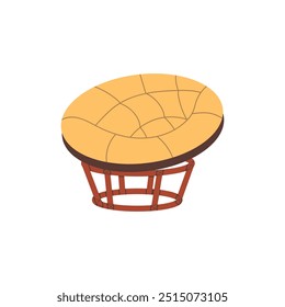 Cadeira papasan. Cadeira macia confortável com travesseiro amarelo e base de rotim natural. Um item de mobiliário doméstico conveniente. Móveis aconchegantes para adultos e crianças. Estilo de desenho animado. Ilustração vetorial.