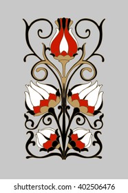 Papaver flowers. Vector ornamental floral element for design isolated on the grey background. Abstract decorative pattern with flowers, bud, branches. Color ornament. Good for tattoo, prints, card