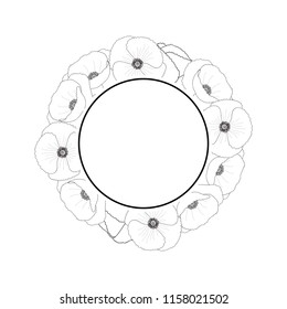 Papaver rhoeas Banner Wreath Outline or common poppy,corn poppy,corn rose,field poppy,Flanders poppy or red poppy. isolated on White Background. Vector Illustration.