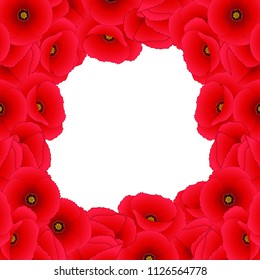 Papaver rhoeas Border (or common poppy,corn poppy,corn rose,field poppy,Flanders poppy or red poppy) isolated on White Background. Vector Illustration.