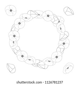 Papaver rhoeas Wreath Outline (or common poppy,corn poppy,corn rose,field poppy,Flanders poppy or red poppy) isolated on White Background. Vector Illustration.