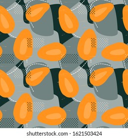 Papaya abstract seamless pattern with grayish green abstract background and colorful tropical fruit clipart images. Vegan died food repeat design for poster or banner background.