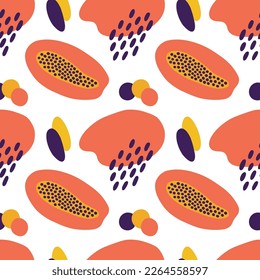 Papaya and abstract shapes on vector seamless pattern.