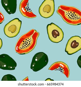 papaya, avocado pattern, vector Illustration. Exotic fruit. Hand-drawn style.