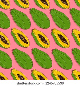 Papaya background. Hand drawn overlapping backdrop. Colorful wallpaper vector. Seamless pattern with fresh fruits. Decorative illustration, good for printing
