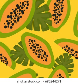 Papaya background. Hand drawn overlapping backdrop. Colorful wallpaper vector. Seamless pattern with fresh fruits and palm leaves. Decorative illustration, good for printing