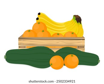 Papaya and bananas and oranges on a white background.