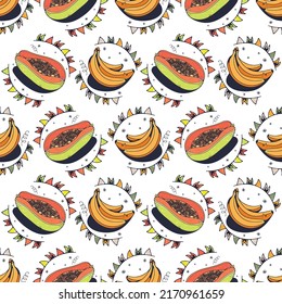 Papaya y plátanos. Patrón sin brillo en un fondo blanco. Ilustración vectorial de corte.