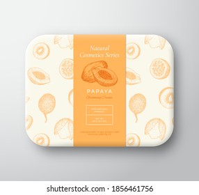 Papaya Bath Cosmetics Package Box. Abstract Vector Wrapped Paper Container with Label Cover. Packaging Design. Modern Typography and Hand Drawn Exotic Fruits Background Pattern Layout. Isolated.