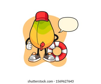 Papaya beach lifeguard with speech bubble cartoon. Mascot Character vector.
