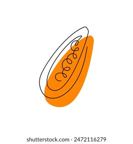 Papaya black contour drawing with abstract color spot. One line continuous fruit logo concept design. Organic food minimalist silhouette art. Hand drawn flat vector illustration isolated on white