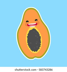 papaya (Carica papaya) with cute face. Illustration funny and healthy food cartoon. Blue background
