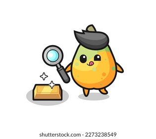 papaya character is checking the authenticity of the gold bullion , cute style design for t shirt, sticker, logo element