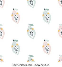 Papaya character seamless pattern with smiley face. Hand-drawn cartoon doodle in simple naive style. Vector illustrations in a pastel palette for kids. Isolate cute fruit on a white background