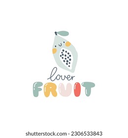 Personaje de papaya con inscripciones graciosas de carita sonriente. Amante de las frutas. Doodle de dibujos a mano. Estilo sencillo e ingenuo. Ilustraciones vectoriales para niños. Aislar la fruta linda en un fondo blanco