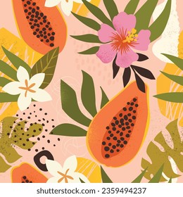 Papaya Collage contemporary floral seamless pattern. Modern exotic jungle fruits and plants illustration in vector.