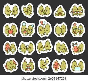 Papaya couple kawaii character set showing various emotions and daily life moments with love, friendship, celebration, food, and fantasy elements for your illustration and creative designs projects