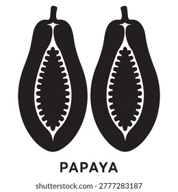 a papaya cut in half. Vector black silhouette. with white background
