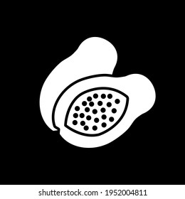 Papaya dark mode glyph icon. Ripe tropical fruit. Healthy eating. Exotic product. Food with vitamins for nutrition. White silhouette symbol on black space. Vector isolated illustration