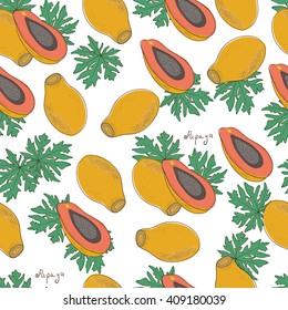 Papaya. Exotic fruit. Background, wallpaper, texture, seamless. Sketch. On a white background.