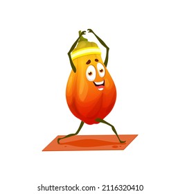 Papaya exotic fruit cartoon character training at home or gym on fitness yoga pilates mat, summer food dessert emoticon mascot. Vector tropical pawpaw in sport band, fragrant fruit healthy eating