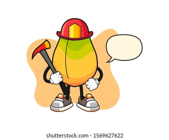 Papaya firefighter with speech bubble cartoon. Mascot Character vector.