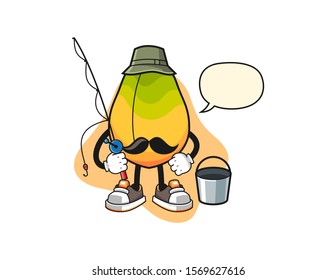 Papaya fisherman with speech bubble cartoon. Mascot Character vector.